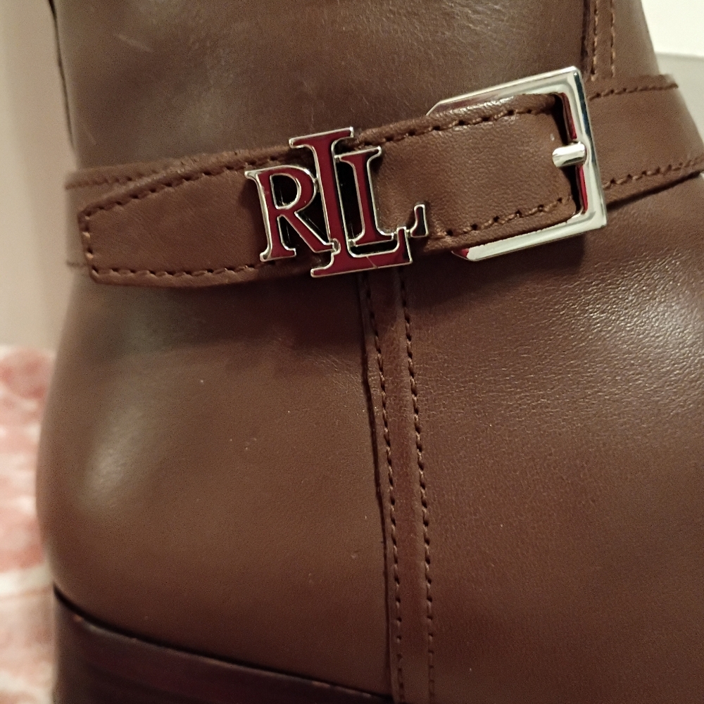 Ralph Lauren Chestnut Brown Leather Ankle Boot with RL Buckle
